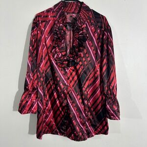 Ruffled Blouse Top Women's Red Black Pink Plaid Long Sleeve Party